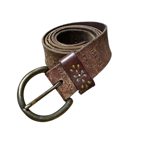 Fossil Womens Size Large Belt Tooled Leather Western Boho Brown 43” - Picture 1 of 10